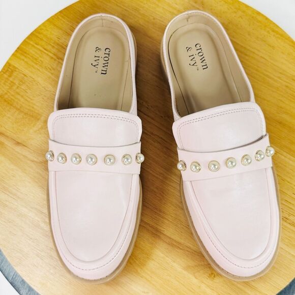 Crown & Ivy Loralei Pearl Embellished Lug Sole Mule Loafers Blush‎ Pink 7 - Picture 5 of 12